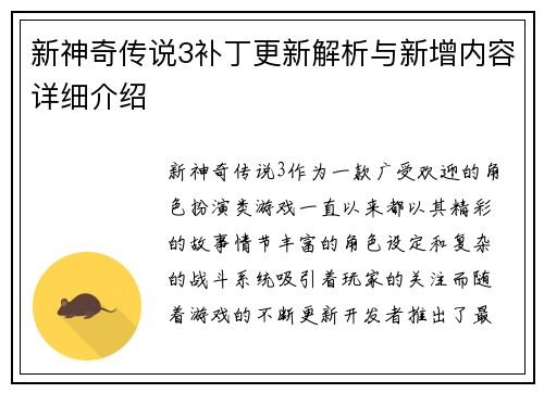 新神奇传说3补丁更新解析与新增内容详细介绍